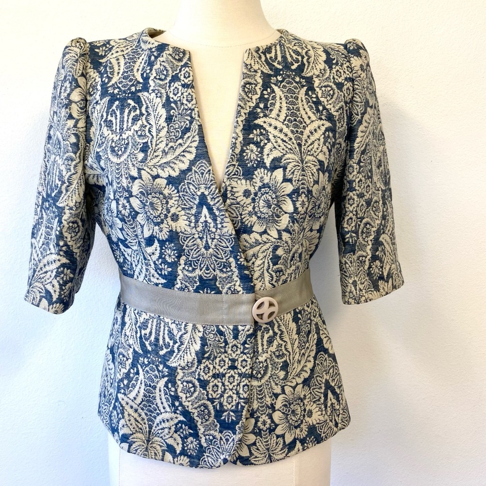 Rare Armani Collezioni Floral Jacquard Grosgrain Trimmed Puff Sleeve Blazer 10